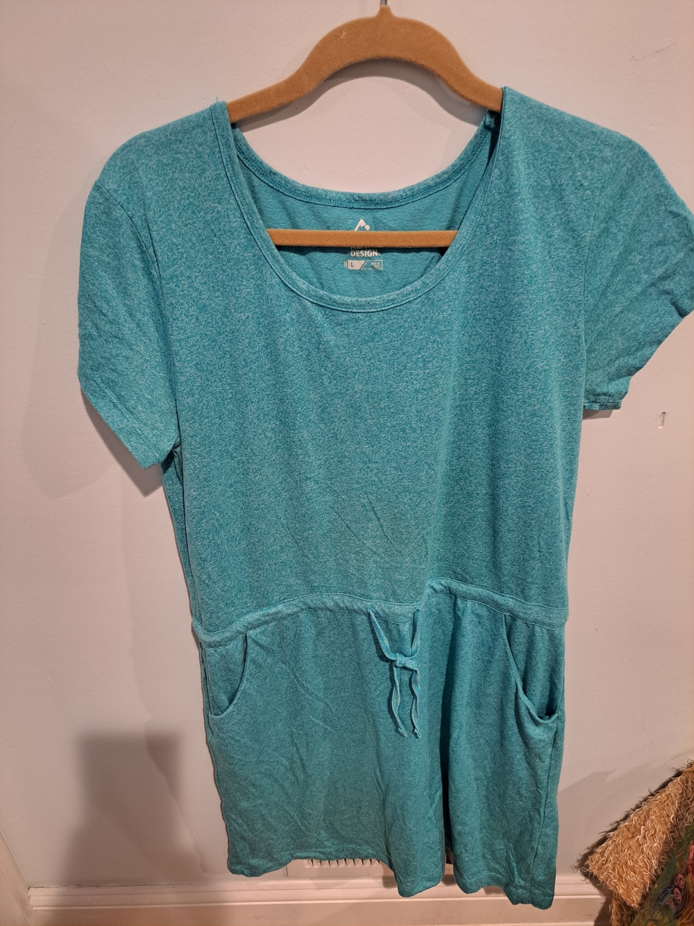 Casual Teal Short-Sleeve Pocket Dress with Drawstring